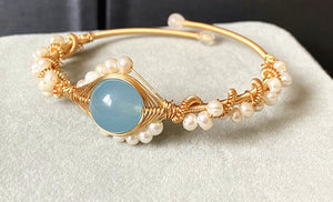 14K GoldWrapped Handmade Bracelet Hailan Baohai Sapphire Natural White Pearl Bracelet