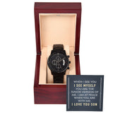 Black Chronograph Watch with Message Card